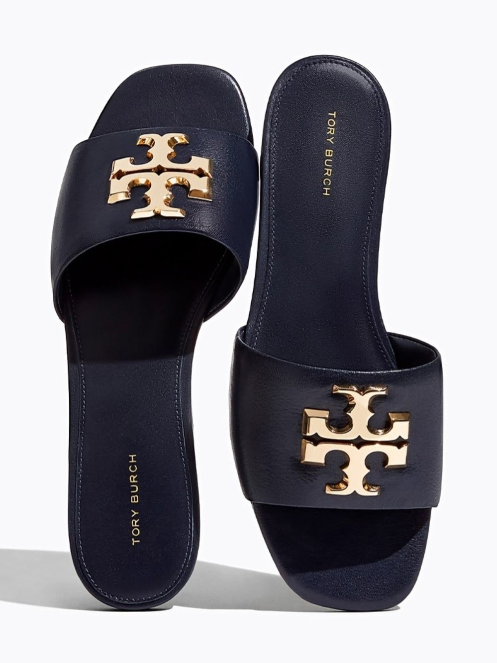 Tory Burch Navy Leather Slide Sandals with Gold Emblem